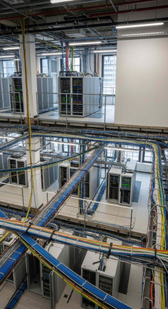 A large data center with rows of computer servers and colorful cables