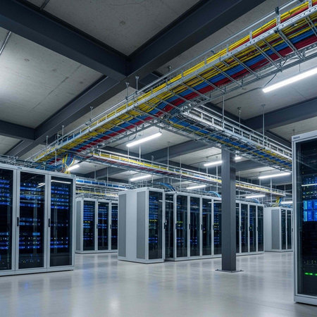 A large data center with rows of server racks and colorful cables overheadの写真素材