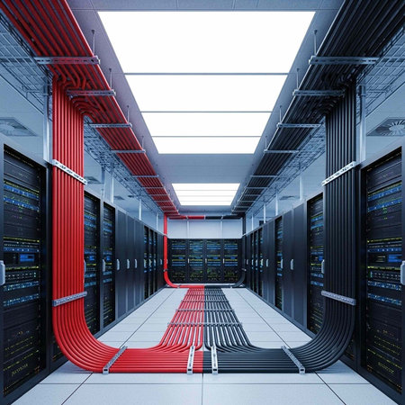 A modern data center with rows of server racks and organized cable management