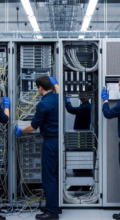 Technicians in blue uniforms and gloves working on server racks in a data center
