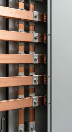 A close-up view of an electrical panel with copper bars and metal brackets
