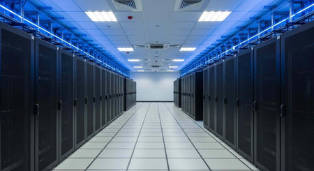 A large server room with rows of computer servers and blue lighting