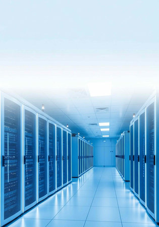 A long corridor of server rooms with blue cabinets and tiled floor