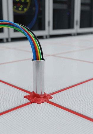 A colorful cable emerging from a sleek metal tube on a modern floor