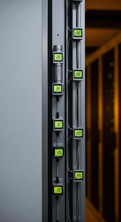 A close-up view of a server with cables and green labels in a data center