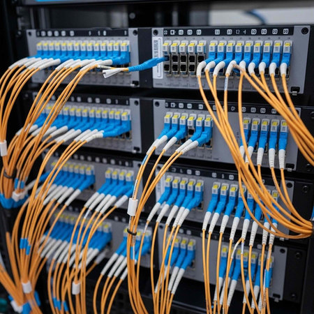 A close-up view of a network server with multiple cables and wires connected