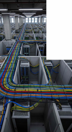 A large server room with many colorful cables and wires organized neatly