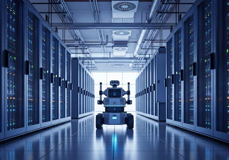 A robot is standing in a large server room with rows of computer equipment