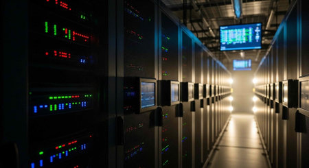 A dimly lit server room with rows of computer servers and blinking lights
