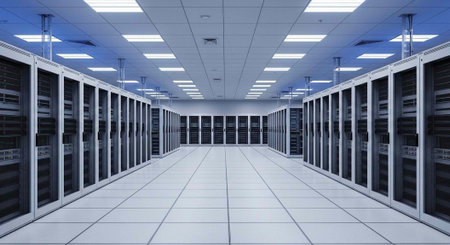 A large data center with rows of computer servers and storage units
