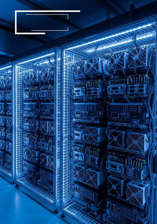 A data center with rows of computer servers in metal racks and blue lighting installed
