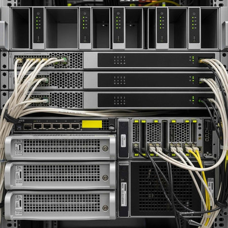 A close-up view of server room equipment with rack-mounted servers, network devices, and cables.