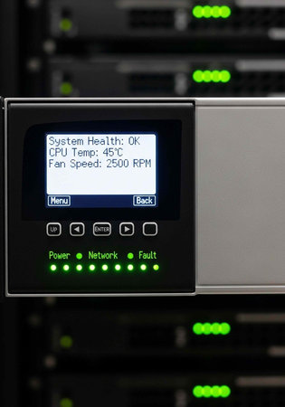 A close-up view of a computer server's control panel with system health information displayed