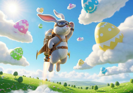 Cartoon rabbit wearing goggles and backpack flies amidst floating Easter eggs and fluffy clouds.