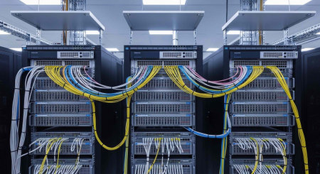 A modern data center with rows of server racks and colorful cables