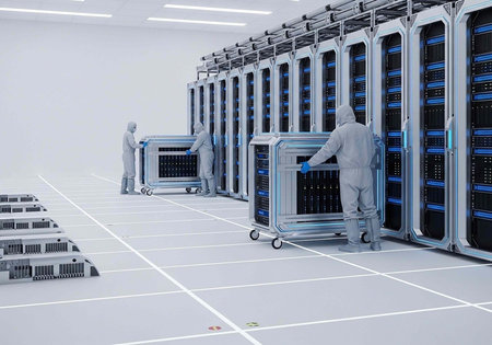 Technicians in white suits working on server racks in a cleanroom data center facility