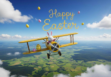 Colorful Easter scene with bunny in yellow biplane, eggs, and green landscape below