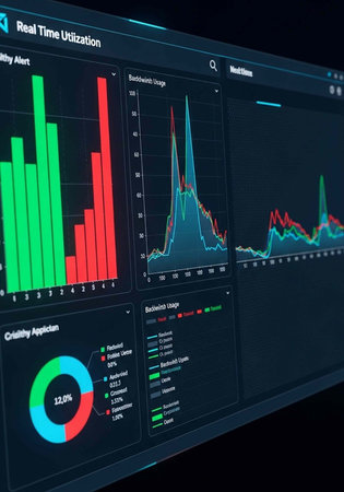 A computer screen displays a real-time utilization dashboard with various graphs and charts