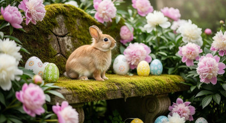A small brown bunny sits on a moss-covered stone bench amidst vibrant flowers and Easter eggs.