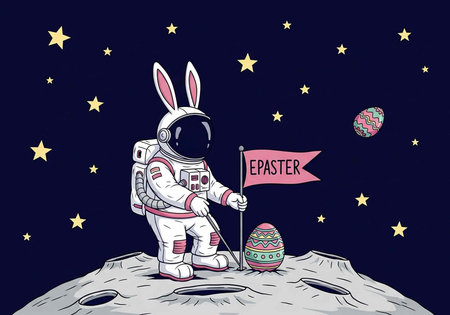 An astronaut bunny in a spacesuit stands on the moon with Easter eggsの写真素材