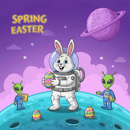 A cartoon Easter bunny in a spacesuit stands on a planet with aliens and eggsの写真素材