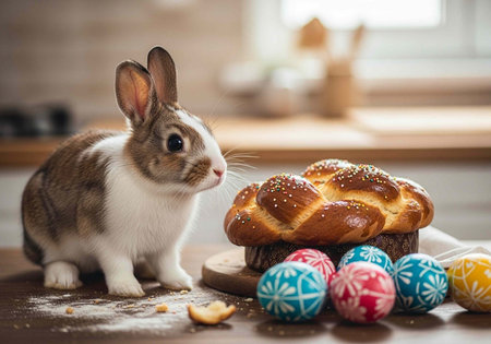 A cute rabbit sitting next to a delicious Easter bread and colorful eggs