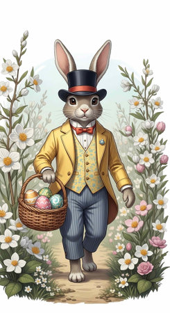 A charming Easter bunny in a garden filled with colorful flowers and eggs