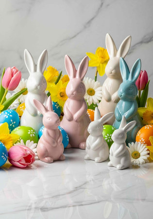 A group of colorful Easter bunnies surrounded by flowers and eggs on a marble surface