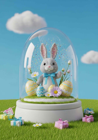 A cute Easter bunny in a glass dome with colorful eggs and flowers on grass