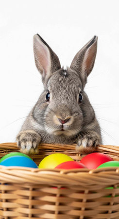A cute gray rabbit sitting in a wicker basket with colorful Easter eggsの写真素材