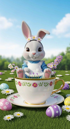 A cute Easter bunny sitting in a teacup surrounded by colorful eggs and flowers