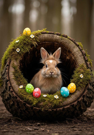 A cute rabbit sitting in a mossy log with colorful Easter eggs around itの写真素材