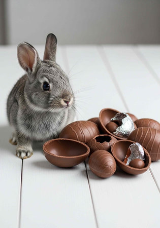 A gray rabbit sitting next to chocolate Easter eggs on a white tableの写真素材
