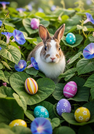A cute brown and white rabbit sitting in a field of colorful flowers and Easter eggsの写真素材