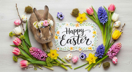 A festive Easter scene with a rabbit and colorful flowers and eggs
