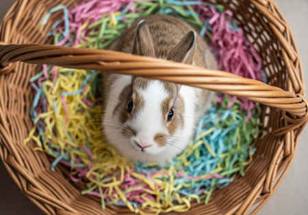 A cute brown and white rabbit sitting in a wicker basket filled with colorful Easter grassの写真素材