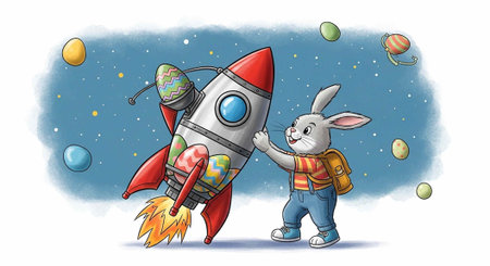A cartoon rabbit and robot launch a rocket into space with planets and starsの写真素材