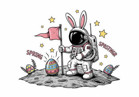 An astronaut bunny in space with Easter eggs and a flag on the moonの写真素材