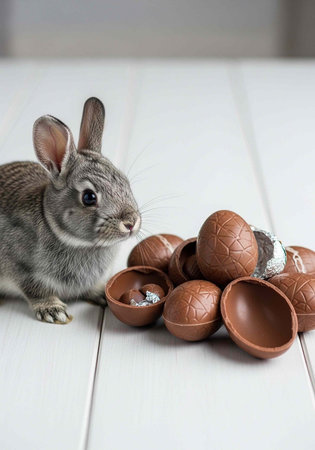 A cute gray bunny sitting next to a pile of chocolate Easter eggs on a white surface