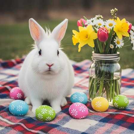A white rabbit sitting on a plaid blanket with colorful Easter eggs and flowers