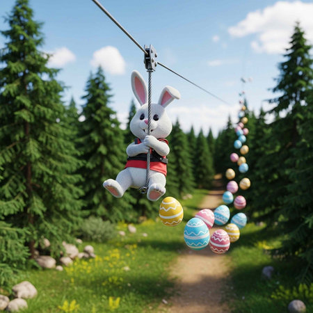 A white stuffed rabbit on a zipline in a forest with colorful Easter eggs