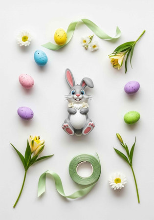 A cute Easter bunny surrounded by colorful eggs and flowers on a white backgroundの写真素材