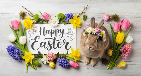 A cute Easter bunny wearing a flower crown surrounded by colorful flowers and eggs