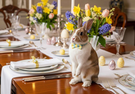 A beautifully set Easter table with a charming bunny centerpiece and colorful flowers