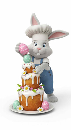 A cartoon Easter bunny chef decorating a cake with colorful eggs and flowersの写真素材