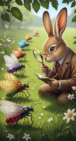 A rabbit in a suit examines insects in a serene natural environment with flowersの写真素材