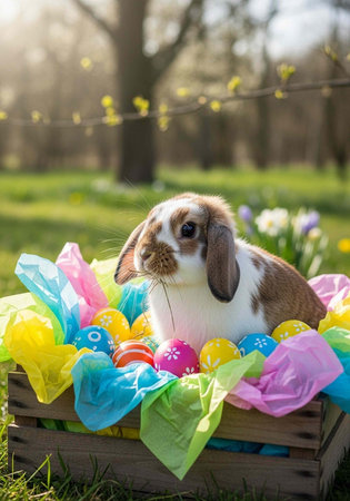 A cute brown and white bunny sitting in a wooden crate filled with colorful Easter eggs and tissue paper in a sunny outdoor setting.の写真素材