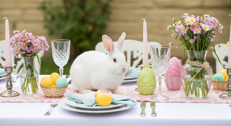 A beautifully set Easter table with a white rabbit and colorful eggs outdoors
