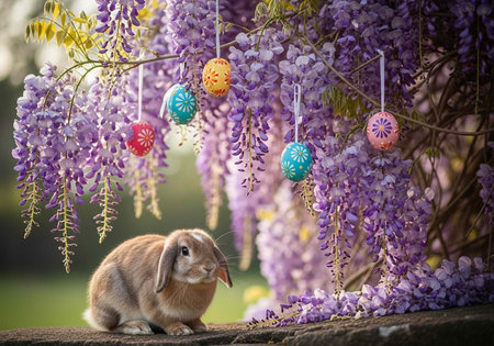 A cute rabbit sitting under a blooming wisteria tree with colorful Easter eggsの写真素材