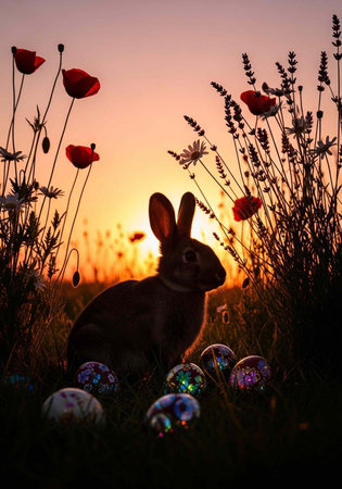 A rabbit sitting in a field of flowers at sunset with colorful Easter eggs